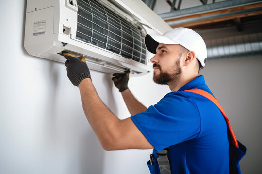 HVAC technician installing a mini split air conditioner in Manteca