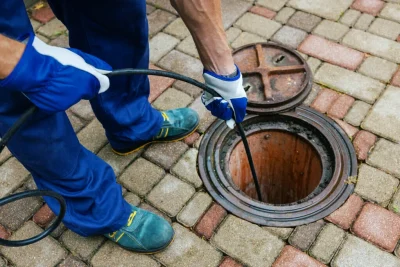 Plumber cleaning an outdoor sewer drain in Manteca
