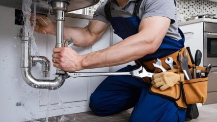 Plumber repairing pipes beneath a sink in Manteca